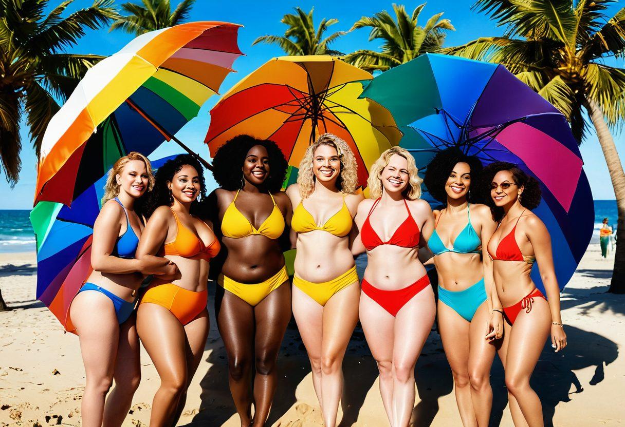 A diverse group of confident women of various body types showcasing stylish bikinis on a sunny beach, with vibrant colors reflecting summer vibes. They are enjoying each other's company, laughing, and playing in the sand, surrounded by colorful beach umbrellas and palm trees. The scene captures the essence of embracing curves and body positivity in the lesbian community. bright and lively. super-realistic. sunny atmosphere.
